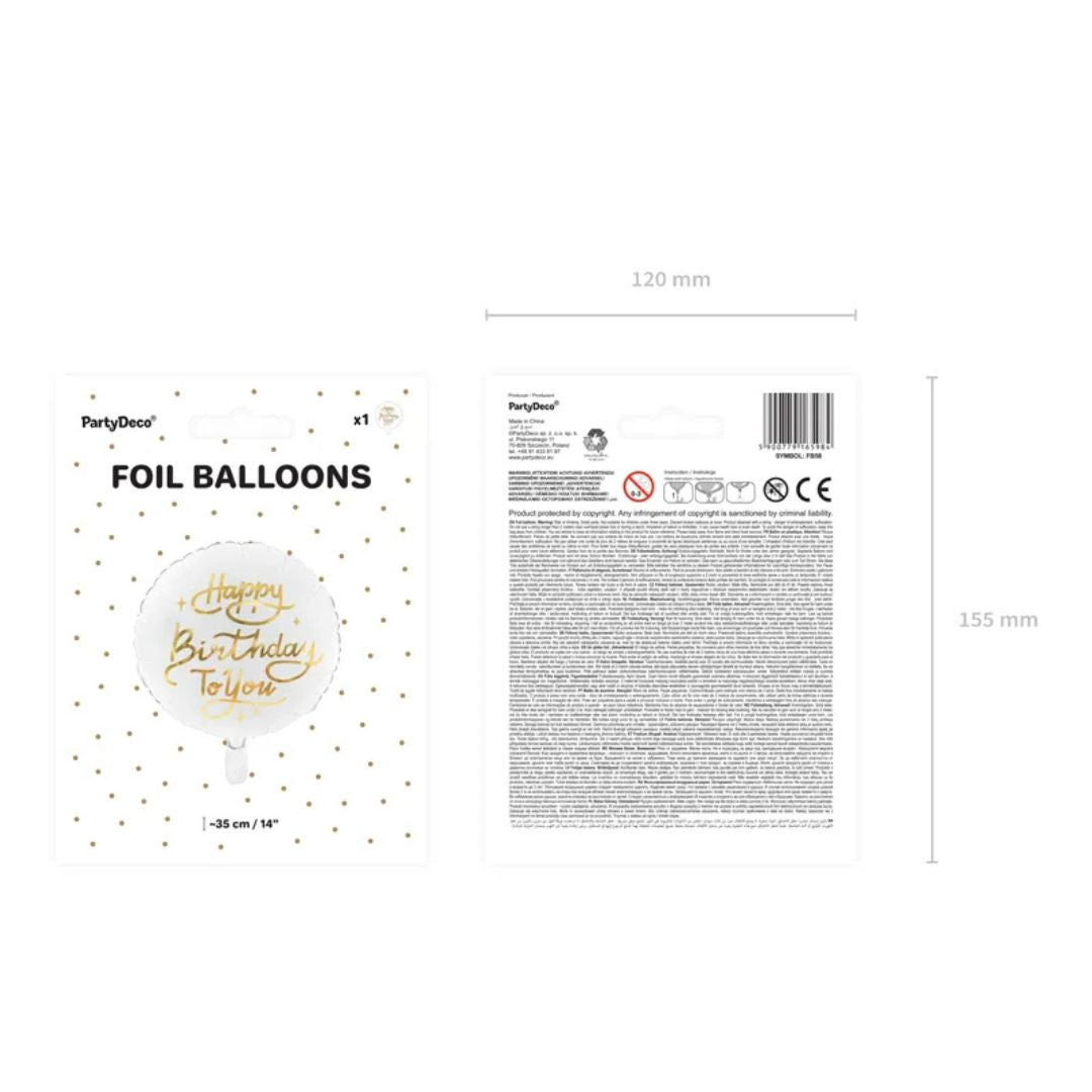 Globo de Aluminio Happy Birthday To You 35 cm – Blanco y Dorado