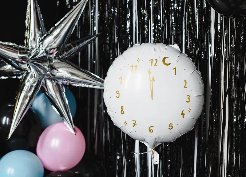 Globo de Aluminio Reloj, 35 cm, Blanco con Detalles Dorados