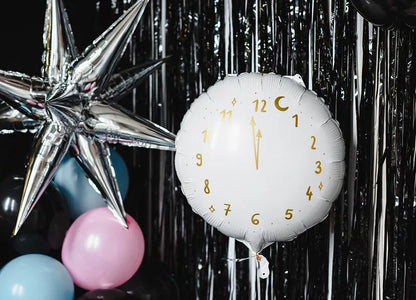 Globo de Aluminio Reloj, 35 cm, Blanco con Detalles Dorados