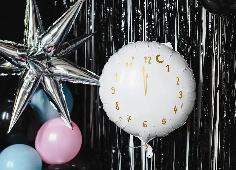 Globo de Aluminio Reloj, 35 cm, Blanco con Detalles Dorados