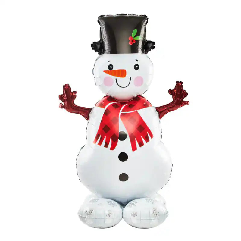 Globo navideño de foil con figura de muñeco de nieve y un patín, unidos por cinta.