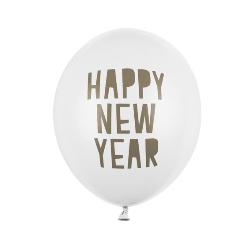 Globos blancos con mensaje Happy New Year dorado