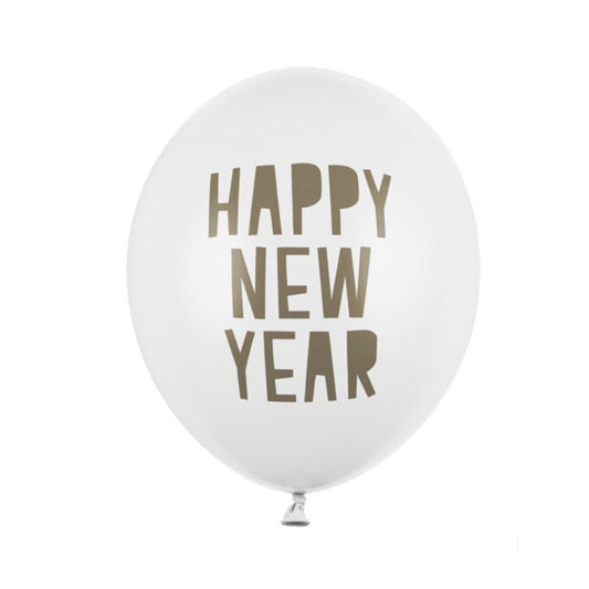 Globos blancos con mensaje Happy New Year dorado