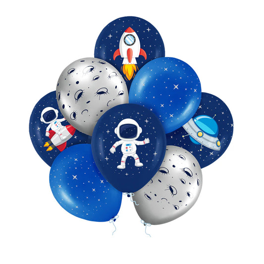 Globos Cosmos 30 cm – Pack x8 Azul y Plata con Estampados Espaciales