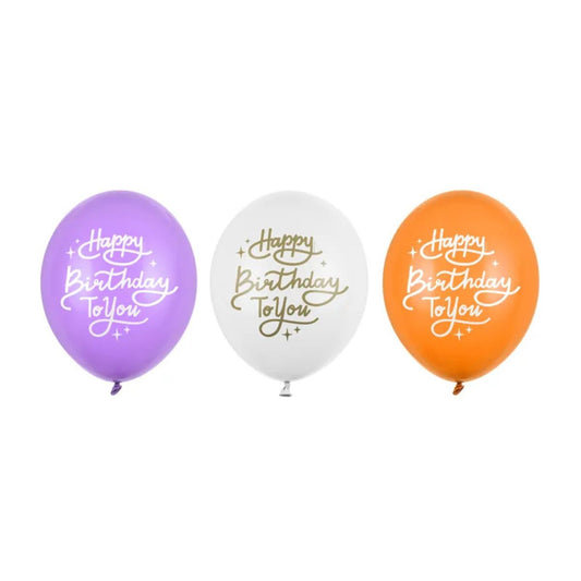 Globos pastel surtidos con texto “Happy Birthday To You”