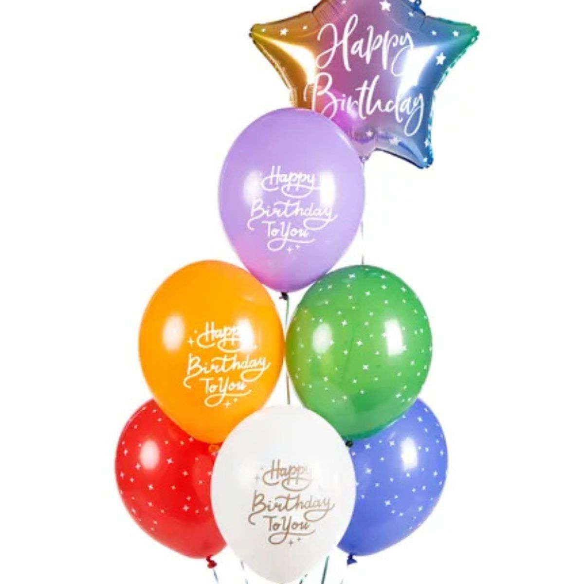 Detalle de globos en blanco, naranja y lila con estampado