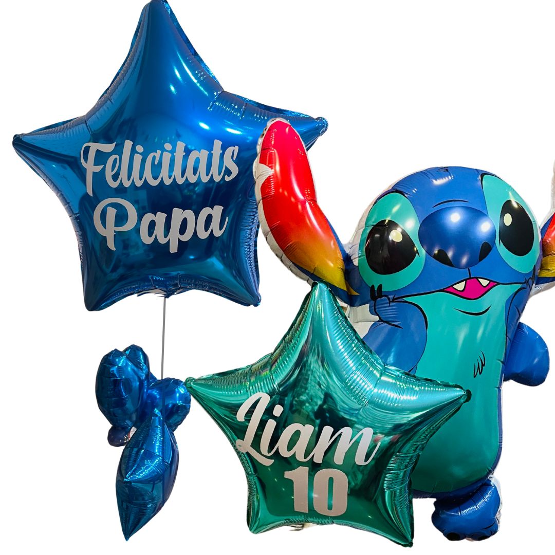 Un globo de forma de estrella azul para celebrar el dia del padre y otro globo de estrella turqueza con la leyenda Liam 10 mas un globo de Stich