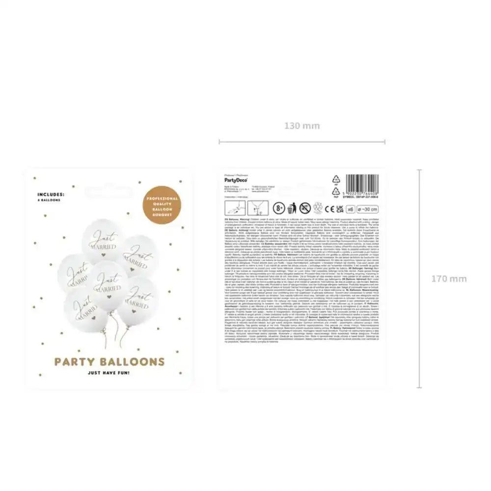 Globos Biodegradables Just Married Blancos 30 cm - Pack de 6 - Apto para Aire y Helio - Narosa Sweet Party Barcelona