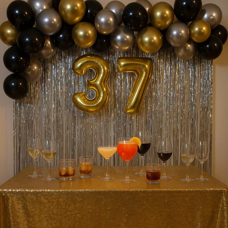 Mesa de bar decorada con guirnalda de globos de látex en colores, dorados, plata y negro