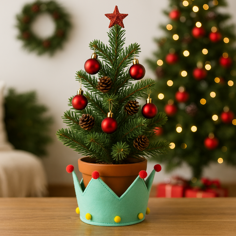 maceta de navidad decorada con una corna de fieltro turquesa