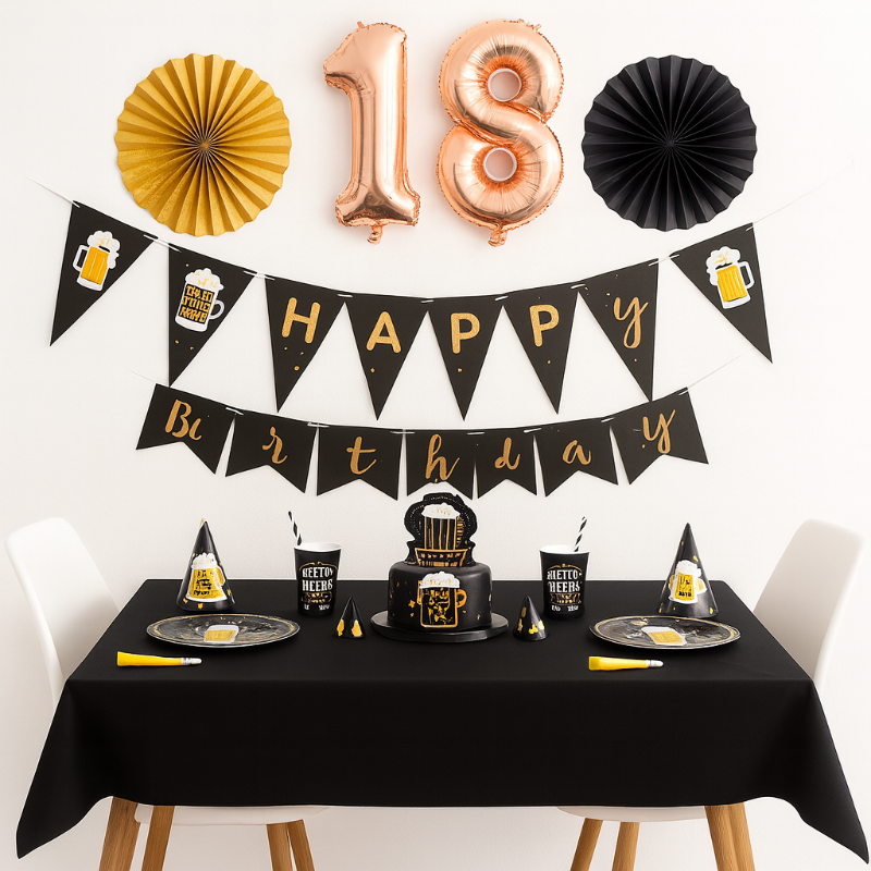 Mantel negro decorando fiesta de 18 años