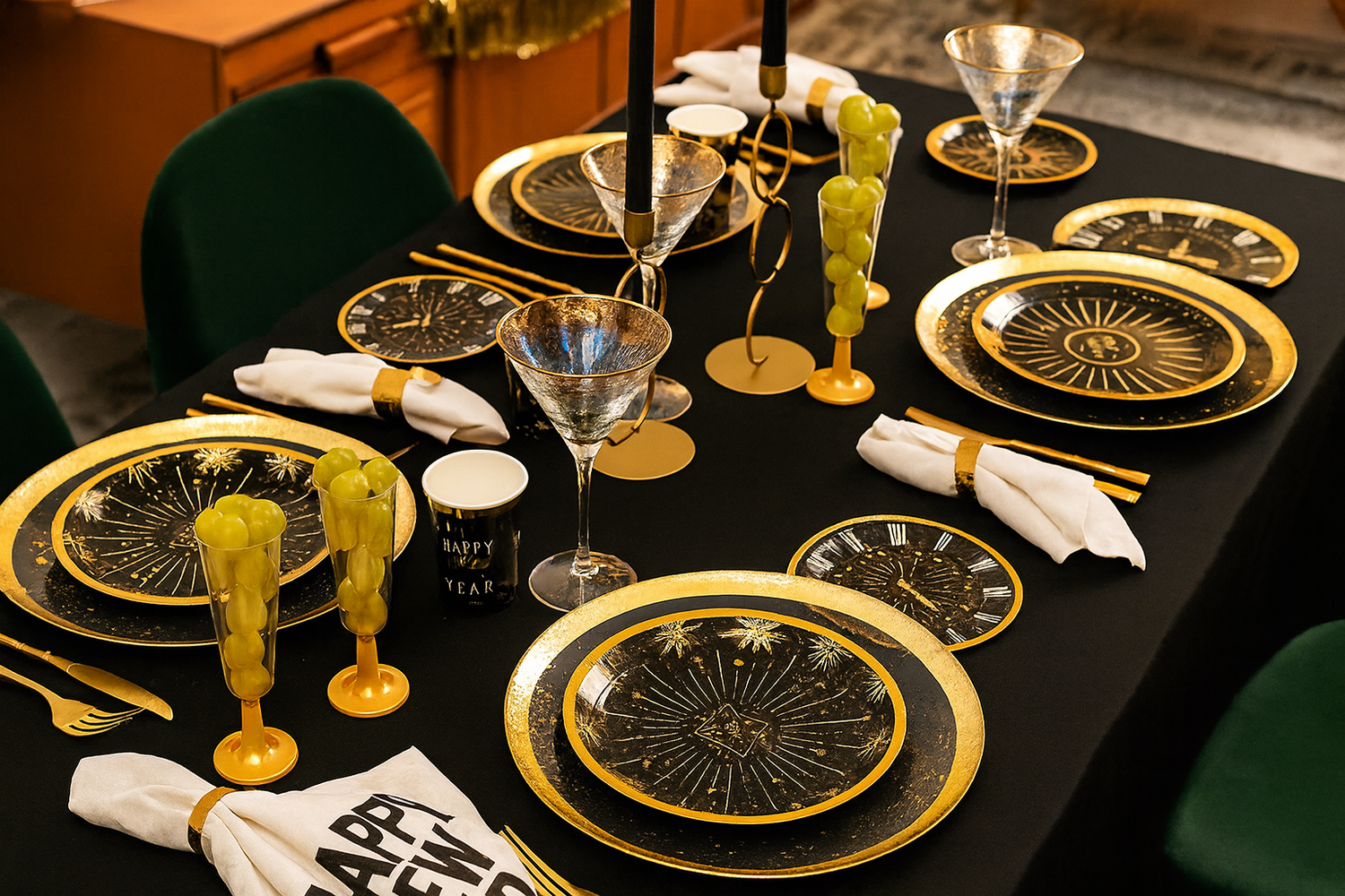 Mesa decorada para cena de año nuevo en tonos negros y dorado