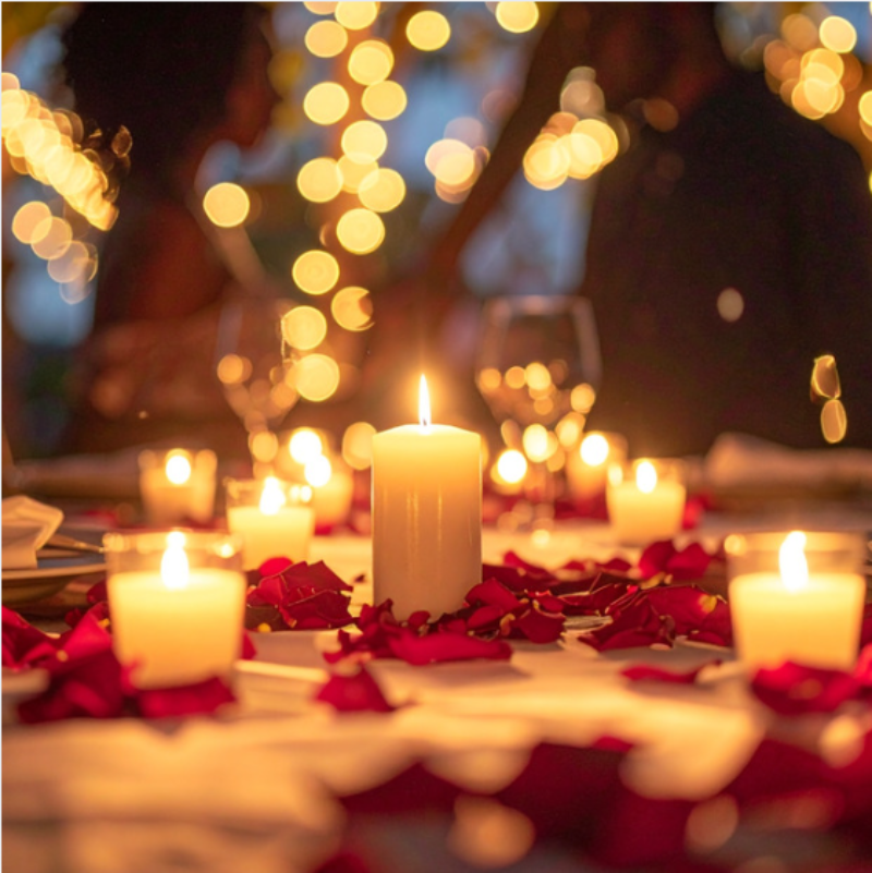 mesa romantica con velas y pétalos de rosa roja falsos