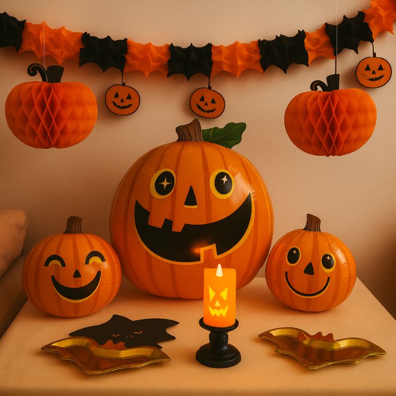 Pack de decoración Halloween con lámpara LED y globo calabaza.