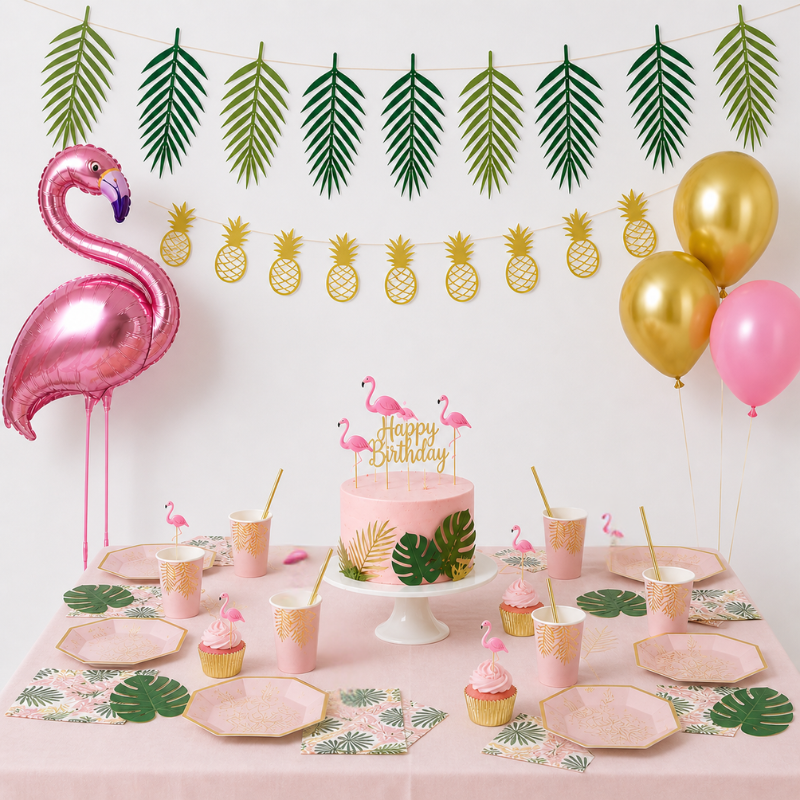 Mesa decorada con pack Aloha Flamenco ideal para fiesta tropical, verano y celebraciones en exterior