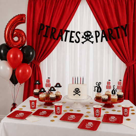 Decoración completa para fiesta de piratas con pancarta y velas para tarta infantil
