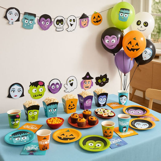 Pack Halloween Monsters con menaje, globos y guirnalda