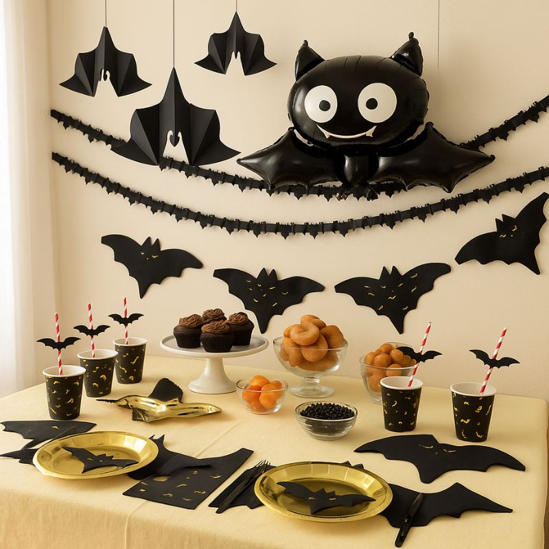Pack Halloween murciélago con vajilla y decoraciones