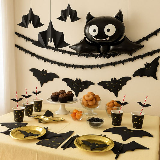 Pack Halloween murciélago con vajilla y decoraciones
