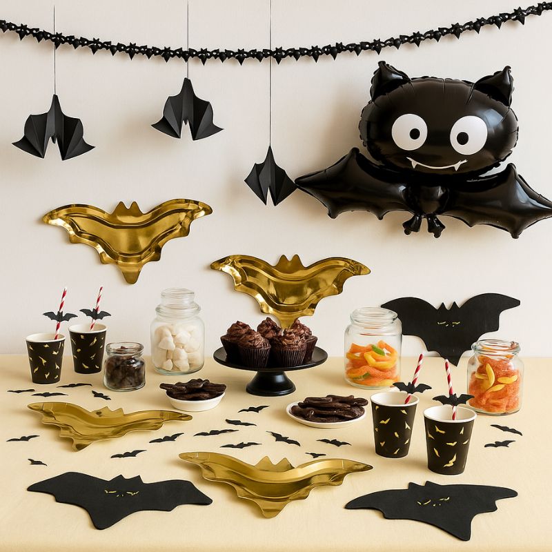 Set completo para fiesta Halloween con diseño de murciélago