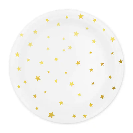 Platos blancos con estrellas doradas para decoración festiva