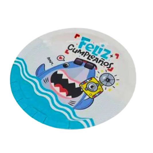 Platos de papel tiburón azul y blanco 17,5 cm pack 8