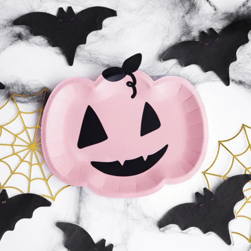 Pack de platos rosa con calabaza para Halloween