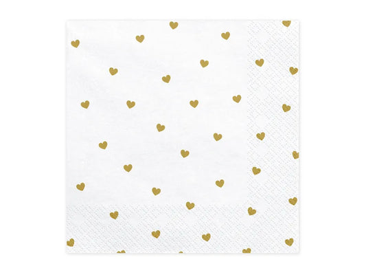 White Napkins with Gold Hearts 16.5x16.5cm.