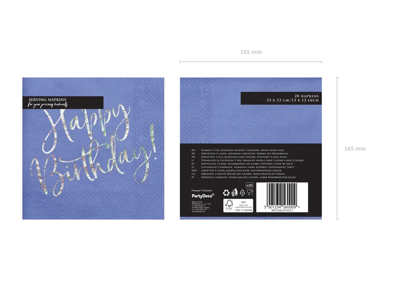 Tovallons Happy Birthday blau marí de 33x33cm.