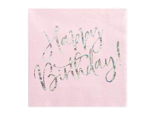 Light Pink Happy Birthday Napkins 16x16cm.