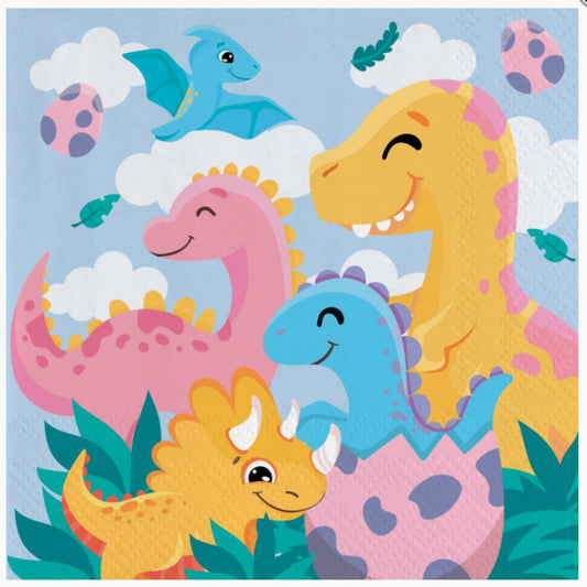 Servilletas Funny Dinosaurs de 33 cm, pack de 20 para cumpleaños.