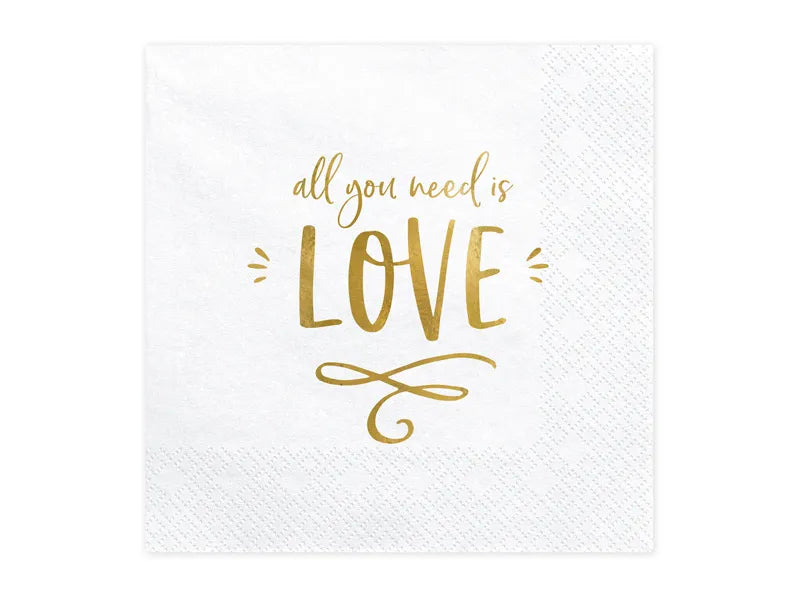 Servilletas "All You Need Is Love" 33x33 cm - Blancas con Detalles Dorados