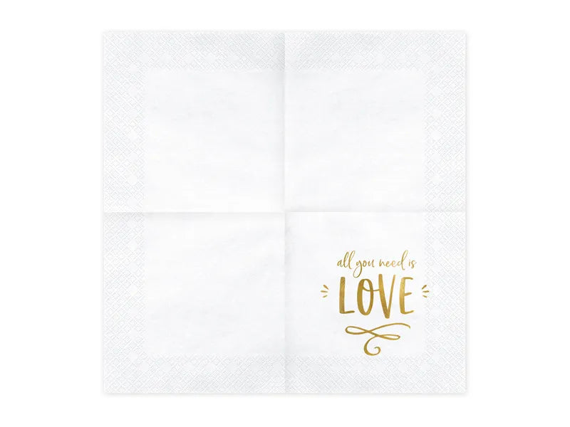 Servilletas "All You Need Is Love" 33x33 cm - Blancas con Detalles Dorados