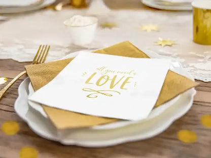 Servilletas "All You Need Is Love" 33x33 cm - Blancas con Detalles Dorados - Narosa Sweet Party Barcelona