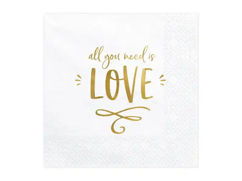 Servilletas "All You Need Is Love" 33x33 cm - Blancas con Detalles Dorados - Narosa Sweet Party Barcelona