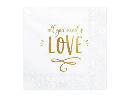 Servilletas "All You Need Is Love" 33x33 cm - Blancas con Detalles Dorados - Narosa Sweet Party Barcelona