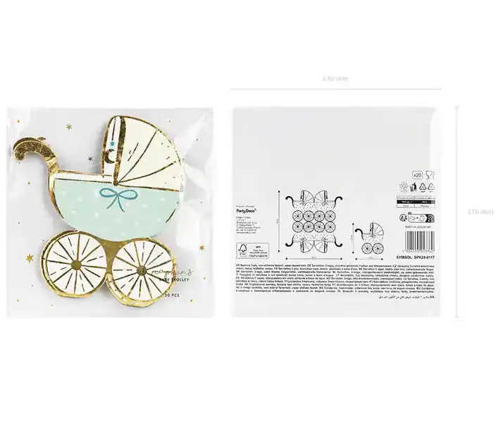 Servilletas Papel Cochecito Bebé Azul Tiffany y Dorado 28x30 cm | Pack 20 ud. - Narosa Sweet Party Barcelona