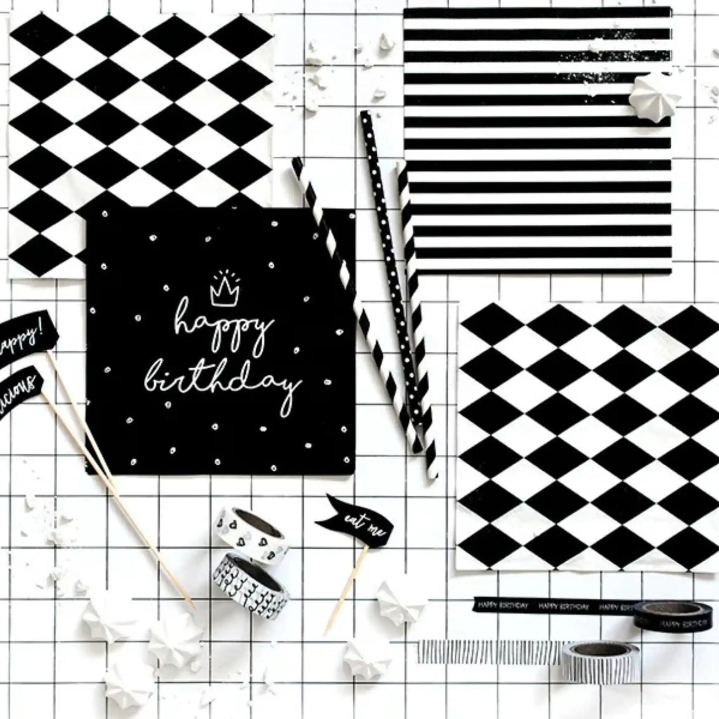 "Happy Birthday" Napkins 33x33 cm - Black with White Print (20 pcs.)