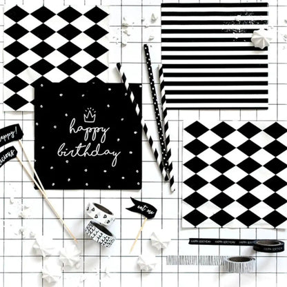 "Happy Birthday" Napkins 33x33 cm - Black with White Print (20 pcs.)