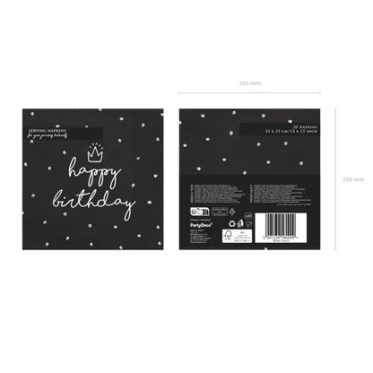 "Happy Birthday" Napkins 33x33 cm - Black with White Print (20 pcs.)