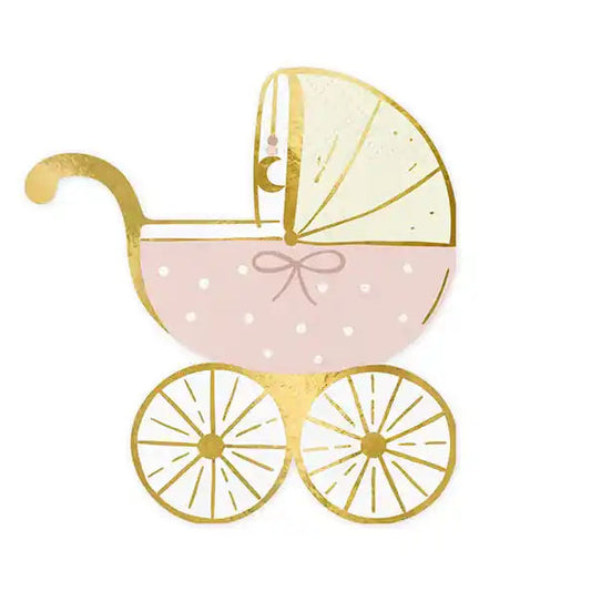 Servilletas Papel Cochecito Bebé Rosa y Dorado 28x30 cm | Pack 20 ud. - Narosa Sweet Party Barcelona