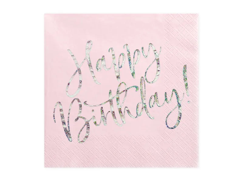 Servilletas rosa claro con mensaje Happy Birthday holográfico