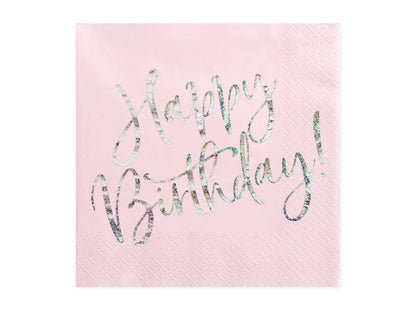 Servilletas rosa claro con mensaje Happy Birthday holográfico