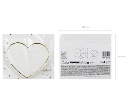 Servilletas de papel en forma de corazón blancas con estampado dorado metálico, pack de 20 unidades