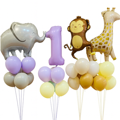 Jungle Animal Helium Balloon Bouquet Set – 1st Birthday