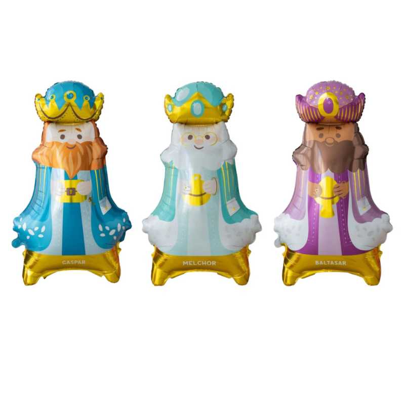 Set de 3 globos de pie Reyes Magos de 120×73 cm para aire.