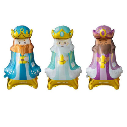 Set de 3 globos de pie Reyes Magos de 120×73 cm para aire.