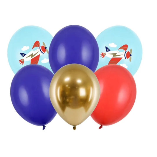 Globos biodegradables con estampado de avión, 30 cm, aptos para aire o helio.