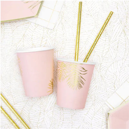Vasos de papel elegantes rosa y dorado para celebraciones
