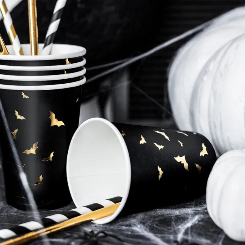 Pack 6 vasos de papel negros y dorados para fiestas Halloween